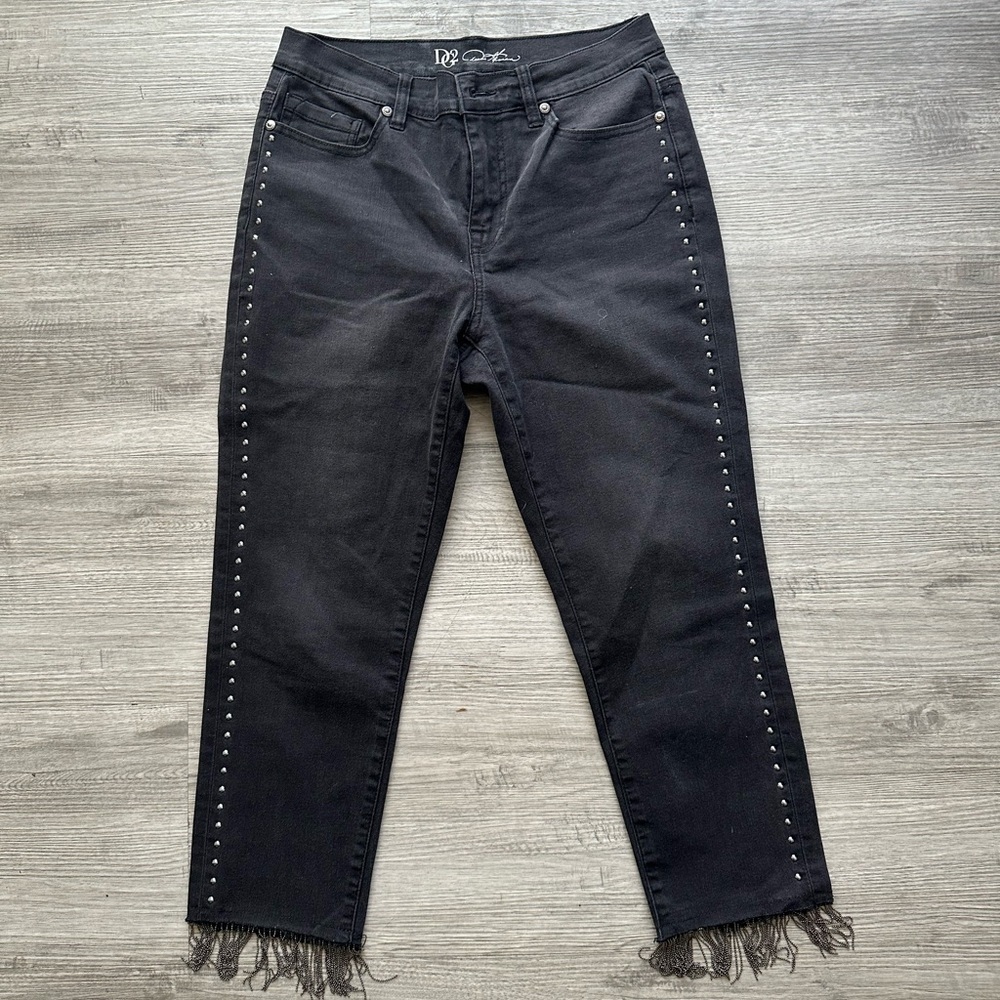 DG2 Diane Gilman Embelish Side Stripe Fringe-Hem cropped Jean Black Sz 6P